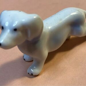 Porcelain Mini Puppy Dog Dachshund Figurine Vintage White W Blue